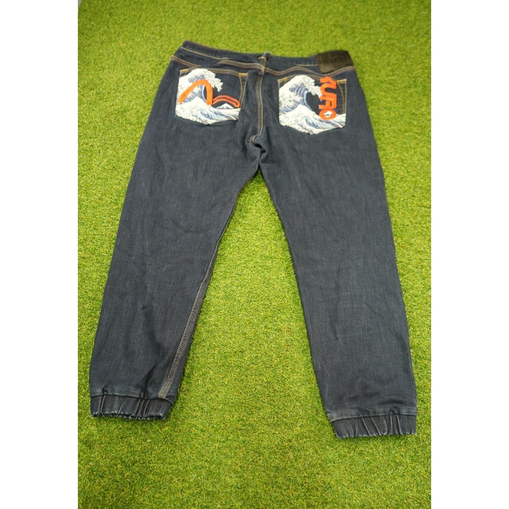 Evisu Jeans Mens 34 Blue Embroidered Logo Sunami‎ Wave Pockets Denim Tapered Leg